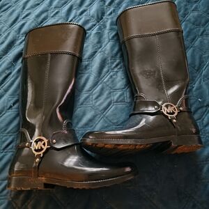 Michael Kors Womens Fulton Harness Tall Pull-On Rain Boots Size 9 Black & Brown